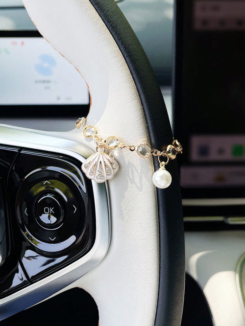 Steering Wheel Hanging Chain, Creative Faux Shell & Faux Pearl Pendant, Car Steering Wheel Hanging Decor, Car Hanging Accessory, Pendant Ornament For Women, Car Decor, Steering Wheel Accessory