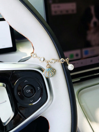 Steering Wheel Hanging Chain, Creative Faux Shell & Faux Pearl Pendant, Car Steering Wheel Hanging Decor, Car Hanging Accessory, Pendant Ornament For Women, Car Decor, Steering Wheel Accessory