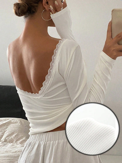 Strévra Women Back Hollow Out Fitted T-Shirt, Casual And Fashionable For Everyday Wear,Halter Top,Fall Clothes Long Sleeve Women Tops