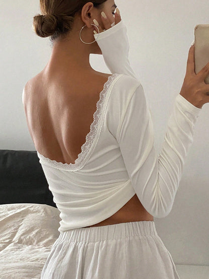 Strévra Women Back Hollow Out Fitted T-Shirt, Casual And Fashionable For Everyday Wear,Halter Top,Fall Clothes Long Sleeve Women Tops