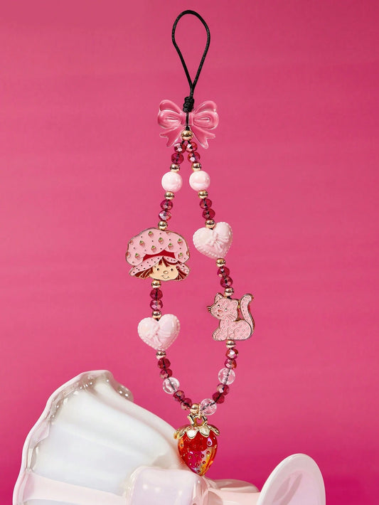 Strawberry Shortcake X Stylish And Cute Cartoon Zinc Alloy Red Imitation Crystal Handmade Beaded Mobile Phone Chain Strawberry Mobile Phone Lanyard Bow Mobile Phone Pendant