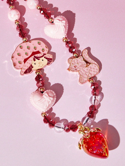 Strawberry Shortcake X Stylish And Cute Cartoon Zinc Alloy Red Imitation Crystal Handmade Beaded Mobile Phone Chain Strawberry Mobile Phone Lanyard Bow Mobile Phone Pendant
