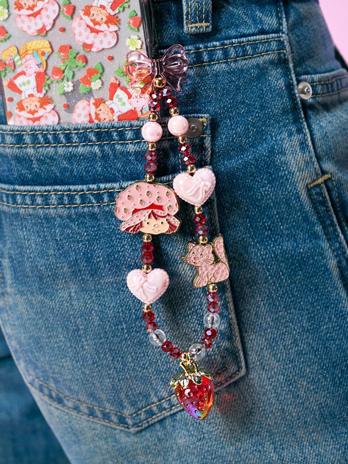 Strawberry Shortcake X Stylish And Cute Cartoon Zinc Alloy Red Imitation Crystal Handmade Beaded Mobile Phone Chain Strawberry Mobile Phone Lanyard Bow Mobile Phone Pendant