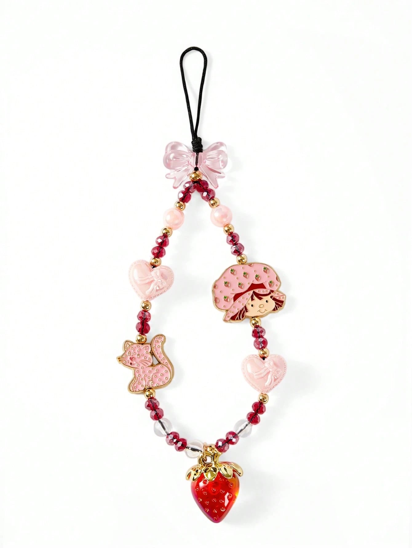Strawberry Shortcake X Stylish And Cute Cartoon Zinc Alloy Red Imitation Crystal Handmade Beaded Mobile Phone Chain Strawberry Mobile Phone Lanyard Bow Mobile Phone Pendant