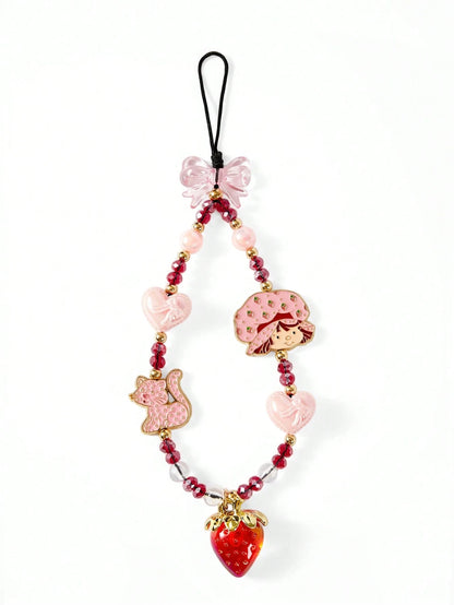 Strawberry Shortcake X Stylish And Cute Cartoon Zinc Alloy Red Imitation Crystal Handmade Beaded Mobile Phone Chain Strawberry Mobile Phone Lanyard Bow Mobile Phone Pendant