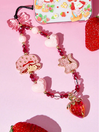 Strawberry Shortcake X Stylish And Cute Cartoon Zinc Alloy Red Imitation Crystal Handmade Beaded Mobile Phone Chain Strawberry Mobile Phone Lanyard Bow Mobile Phone Pendant