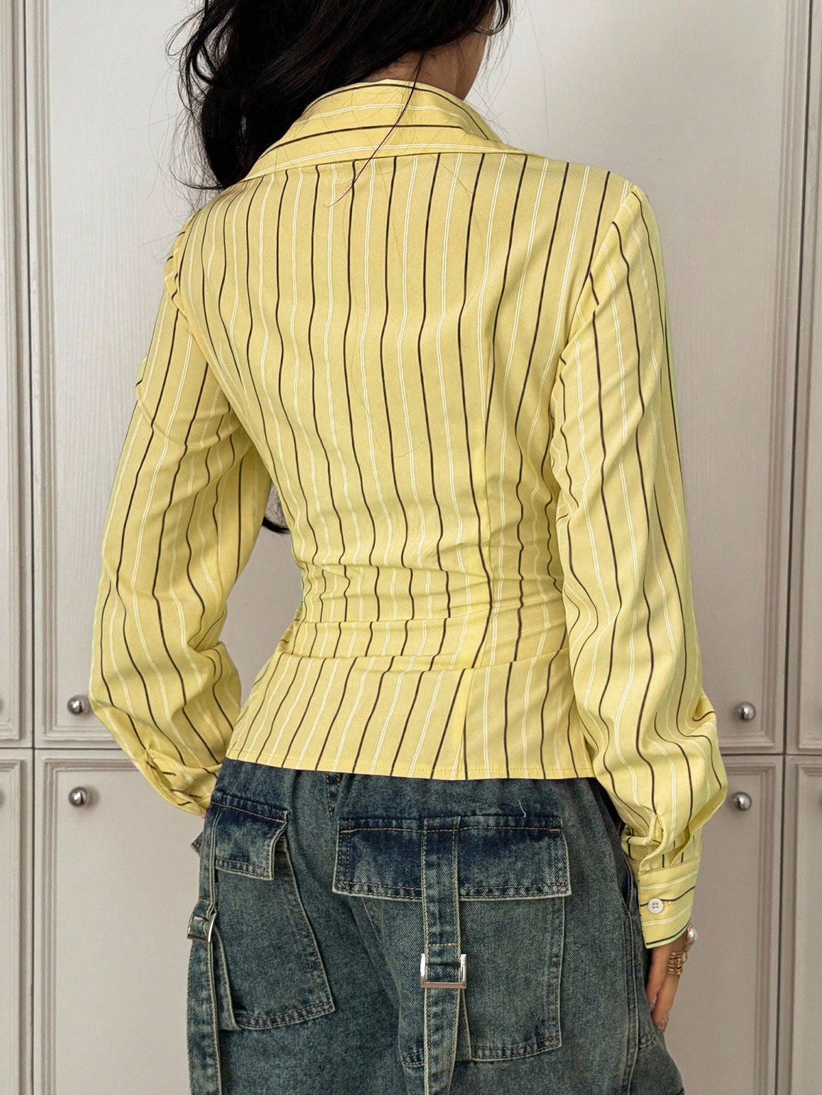 StreetHx Women's Casual Everyday/Office/Travel Contrast Stripe Print Long Sleeve Fitted Blouse, Spring/Autumn