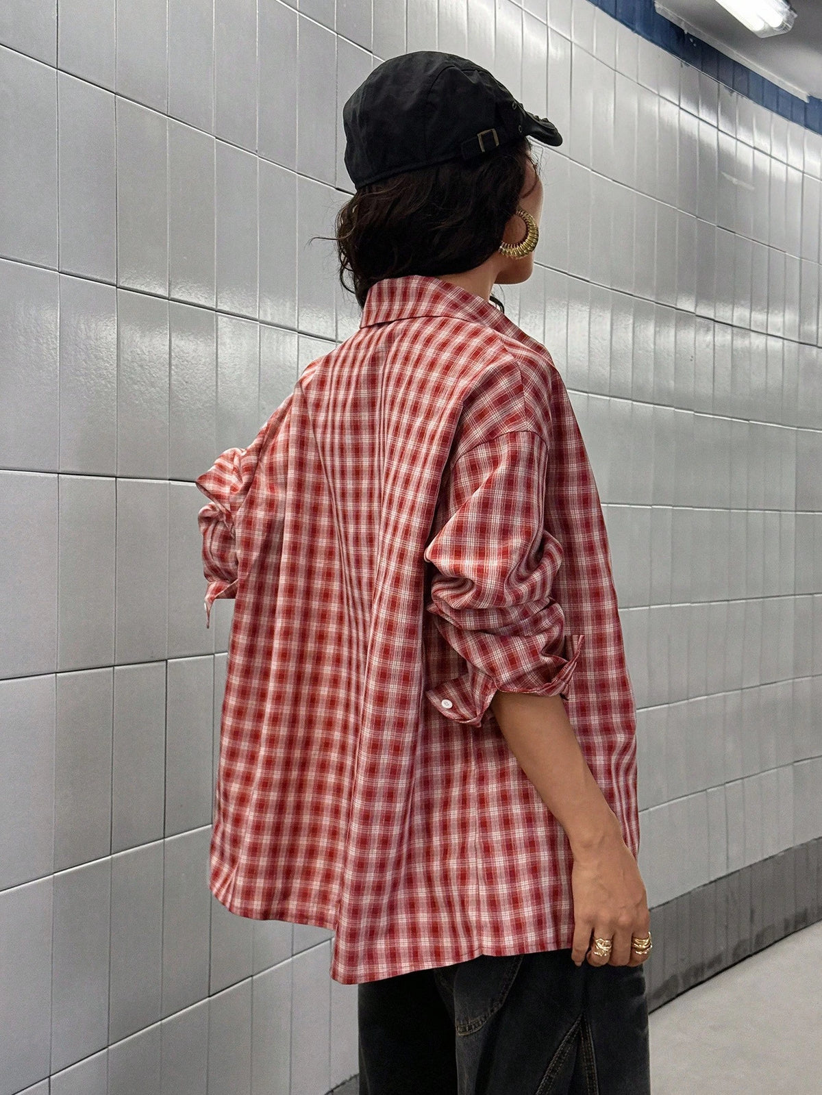 StreetHx Women's Front Button Drop Shoulder Long Sleeve Plaid Casual Shirt, Versatile Streetwear Fall Cloth For Women
