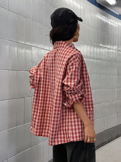 StreetHx Women's Front Button Drop Shoulder Long Sleeve Plaid Casual Shirt, Versatile Streetwear Fall Cloth For Women
