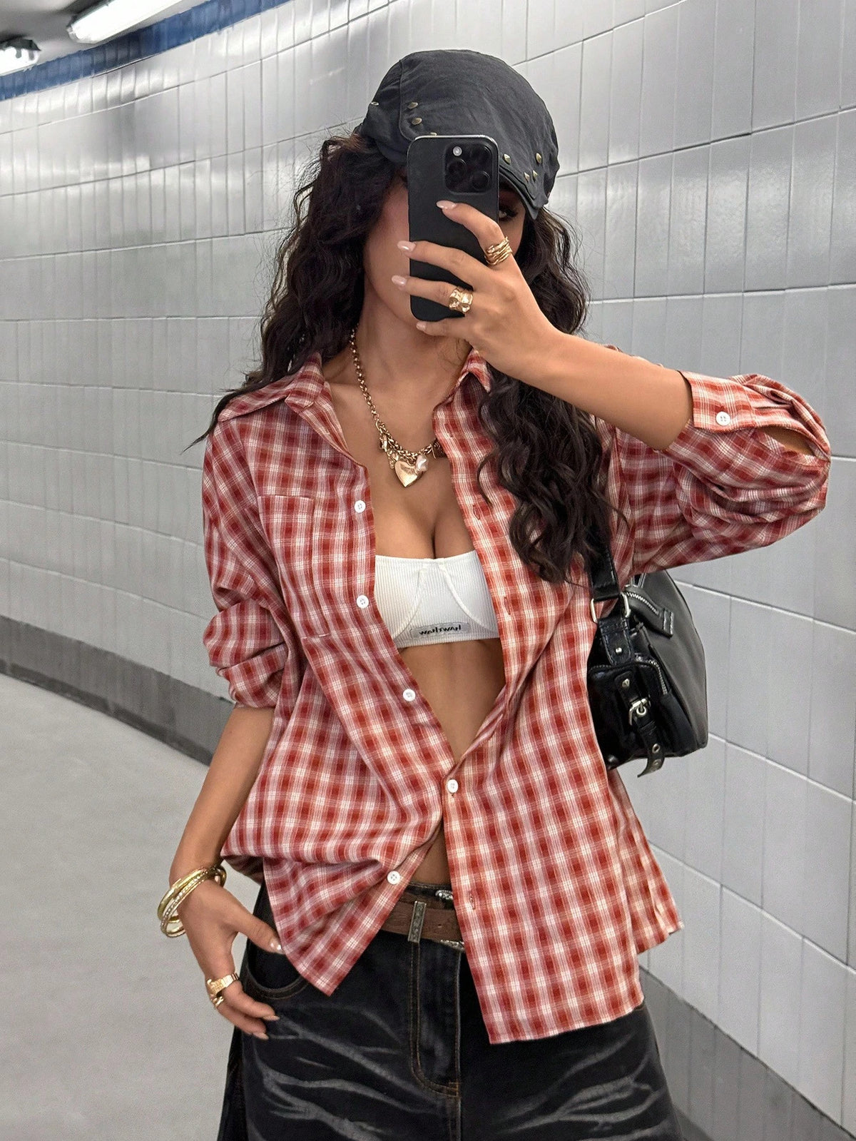 StreetHx Women's Front Button Drop Shoulder Long Sleeve Plaid Casual Shirt, Versatile Streetwear Fall Cloth For Women