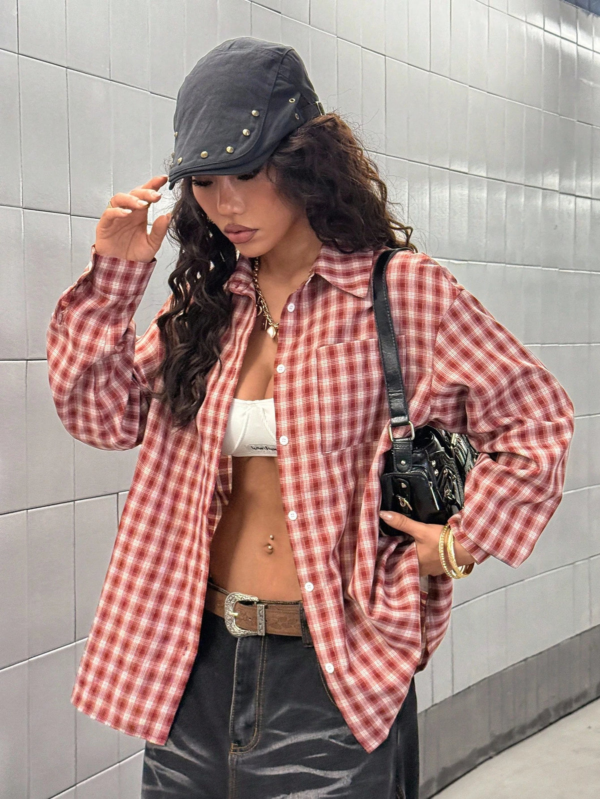 StreetHx Women's Front Button Drop Shoulder Long Sleeve Plaid Casual Shirt, Versatile Streetwear Fall Cloth For Women