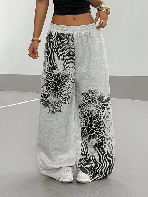 StreetHx Women's Light Grey Leopard Print Streetwear Athleisure Oversized Punk Y2K Baddie Academia Back To School Sports Homewear Casual Sweatpants Summer