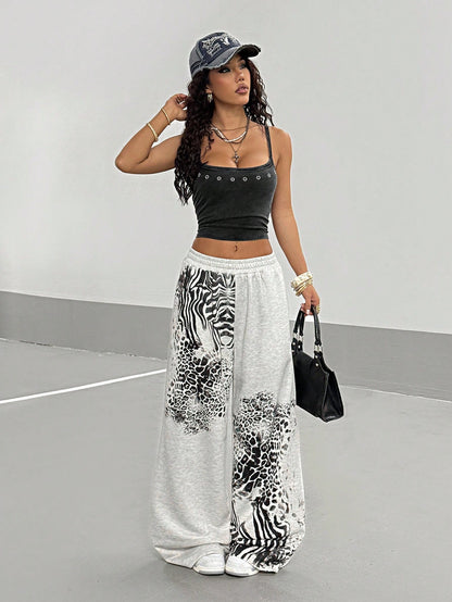 StreetHx Women's Light Grey Leopard Print Streetwear Athleisure Oversized Punk Y2K Baddie Academia Back To School Sports Homewear Casual Sweatpants Summer