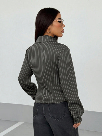 StreetHx Women's Retro Striped Fitted Shirt, Brown Blouse,Autumn Clothes For Women
