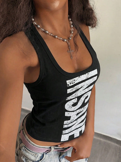 StreetHx Women's U-Neck Wasteland Style Printed Fitted Tank Top, Y2K Hip-Hop Rock Streetwear, Casual Summer Night Out For Women