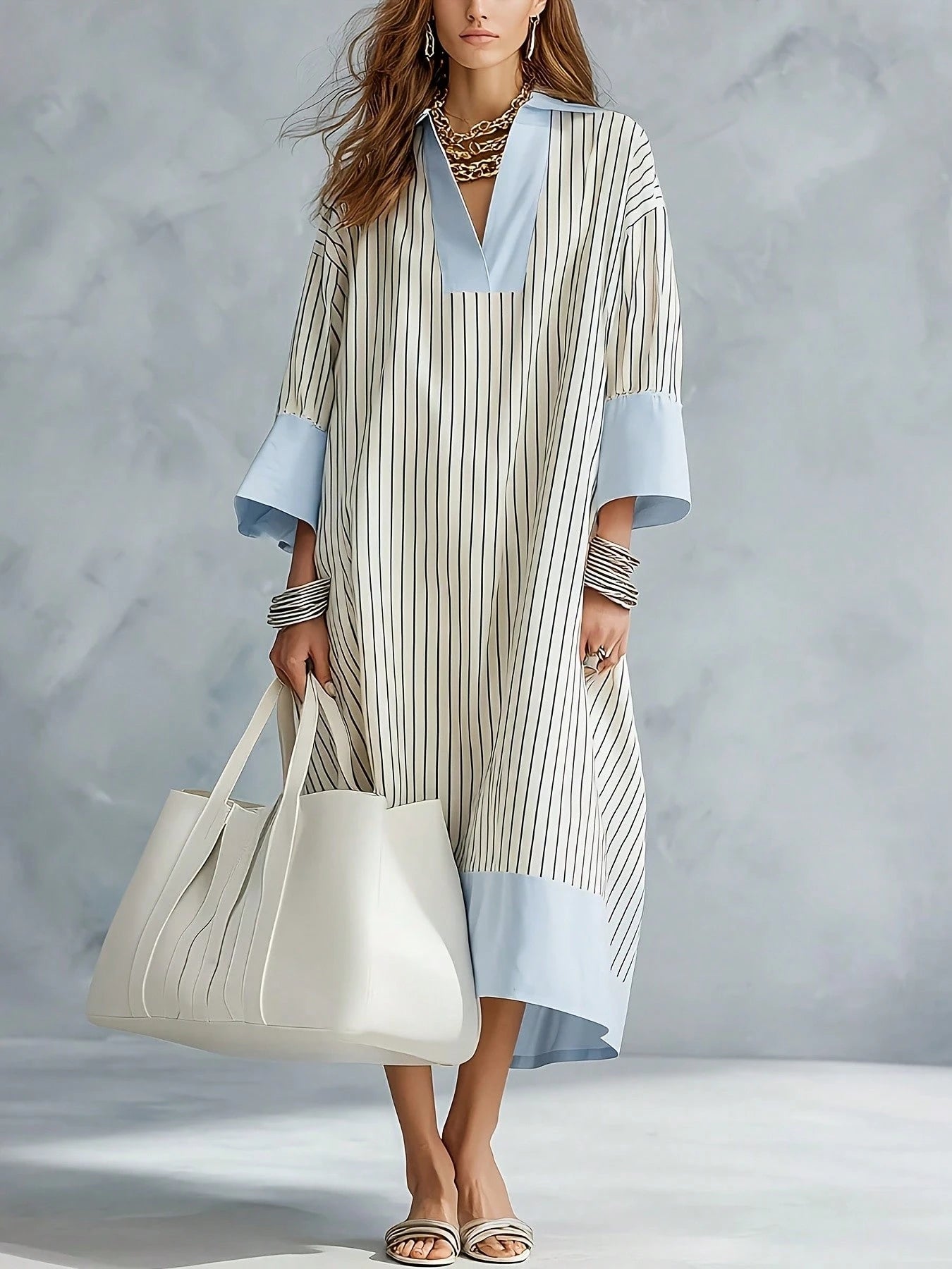 Striped Colorblock Casual Thin Loose Long Dress, Women's Casual Striped Colorblock Loose V-Neck Drop Shoulder Patchwork Dress Elegant
