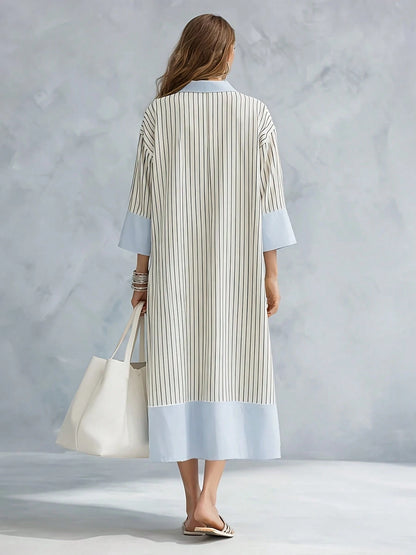 Striped Colorblock Casual Thin Loose Long Dress, Women's Casual Striped Colorblock Loose V-Neck Drop Shoulder Patchwork Dress Elegant