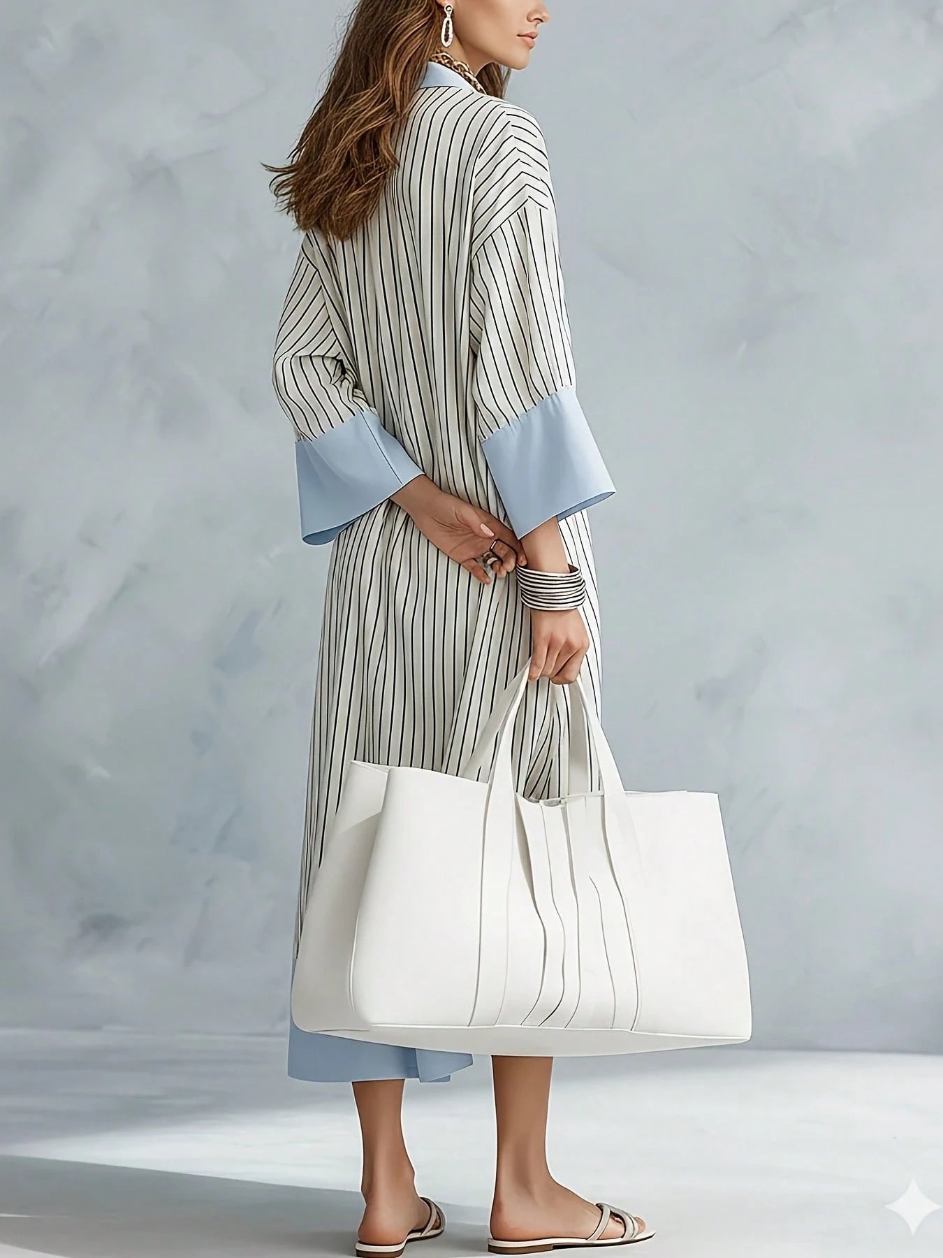 Striped Colorblock Casual Thin Loose Long Dress, Women's Casual Striped Colorblock Loose V-Neck Drop Shoulder Patchwork Dress Elegant