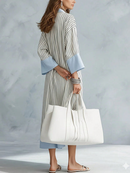 Striped Colorblock Casual Thin Loose Long Dress, Women's Casual Striped Colorblock Loose V-Neck Drop Shoulder Patchwork Dress Elegant