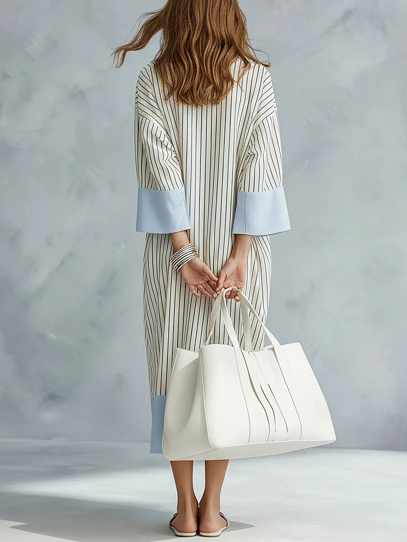 Striped Colorblock Casual Thin Loose Long Dress, Women's Casual Striped Colorblock Loose V-Neck Drop Shoulder Patchwork Dress Elegant