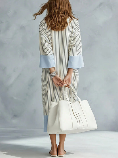 Striped Colorblock Casual Thin Loose Long Dress, Women's Casual Striped Colorblock Loose V-Neck Drop Shoulder Patchwork Dress Elegant