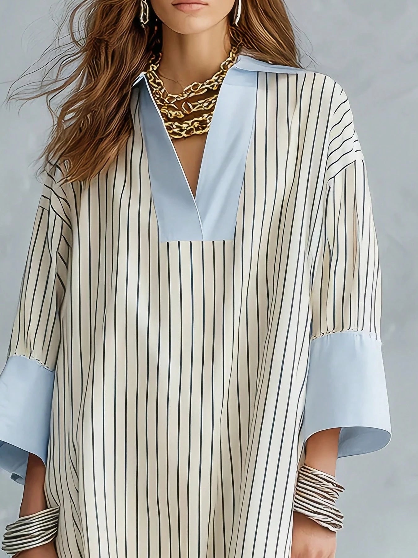 Striped Colorblock Casual Thin Loose Long Dress, Women's Casual Striped Colorblock Loose V-Neck Drop Shoulder Patchwork Dress Elegant