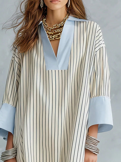 Striped Colorblock Casual Thin Loose Long Dress, Women's Casual Striped Colorblock Loose V-Neck Drop Shoulder Patchwork Dress Elegant
