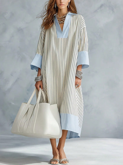 Striped Colorblock Casual Thin Loose Long Dress, Women's Casual Striped Colorblock Loose V-Neck Drop Shoulder Patchwork Dress Elegant