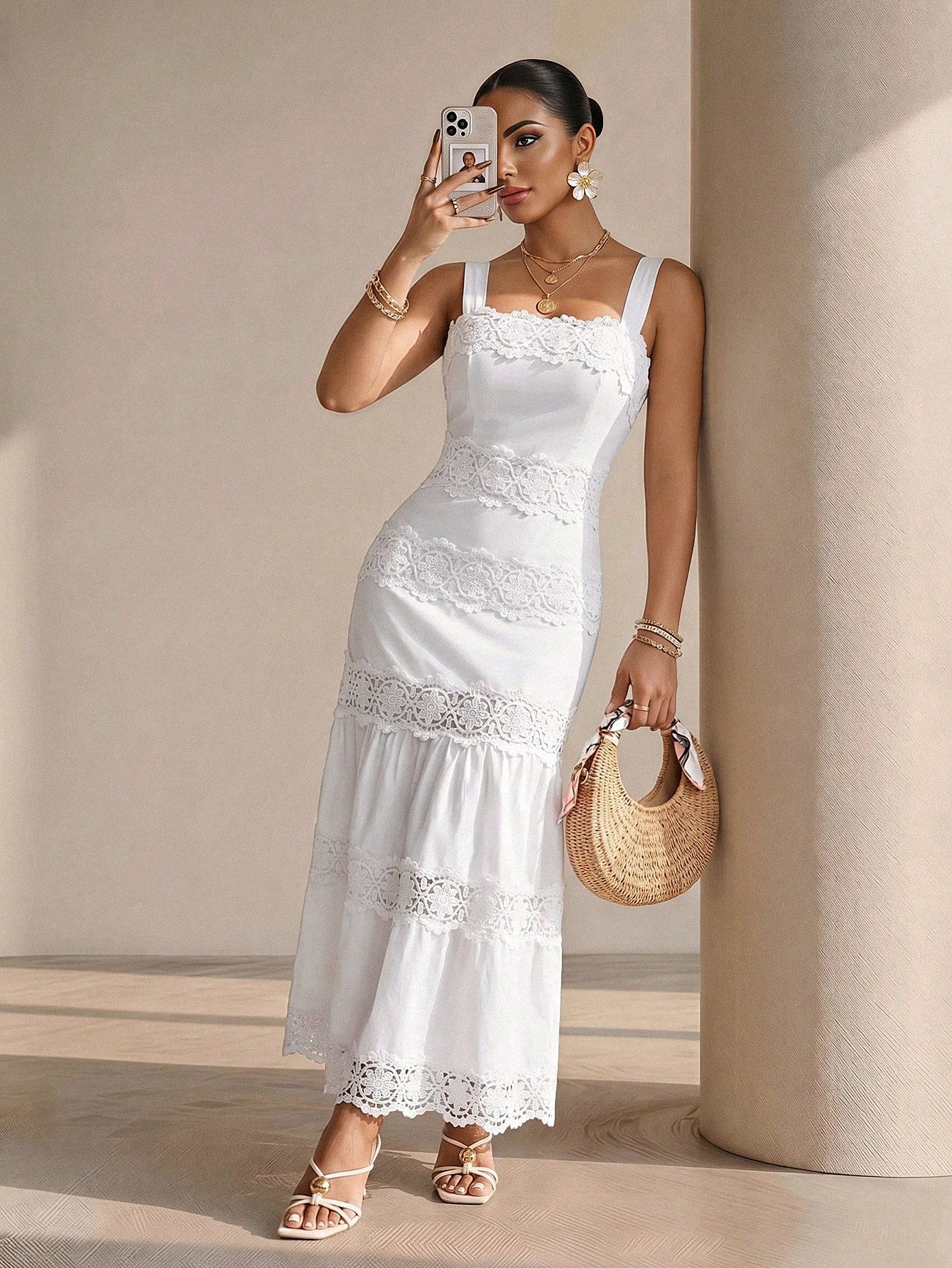 Structelle Women's Casual French Vacation Style Solid Color Wide Strap Multi-Layer Lace Patchwork Hollow Out Cami Dress, French Romantic, Beach Vacation, Light Vintage, Gentle Pure Desire Style