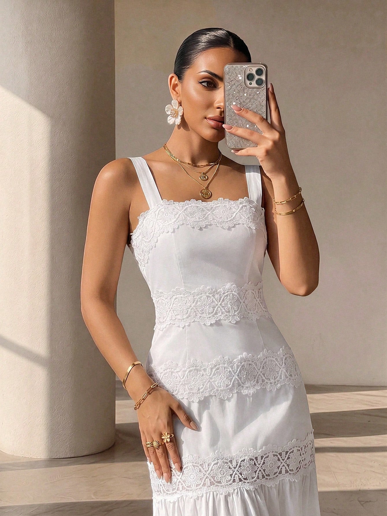 Structelle Women's Casual French Vacation Style Solid Color Wide Strap Multi-Layer Lace Patchwork Hollow Out Cami Dress, French Romantic, Beach Vacation, Light Vintage, Gentle Pure Desire Style