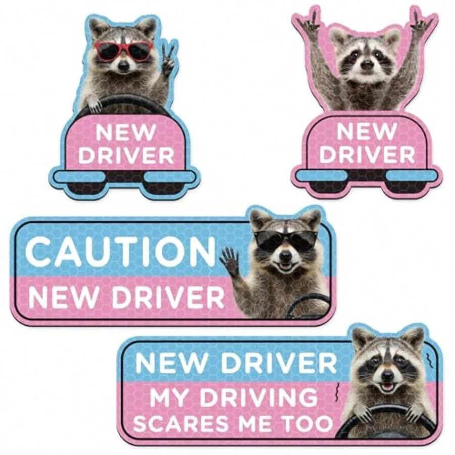 Student Driver Car Magnet- 4 Pcs Raccoon Please Be Patient Student New Novice Driver Car Automotive Magnet Decal Bumper Sticker Safety Warning Magnetic Signs Reflective Rookie Reusable Movable