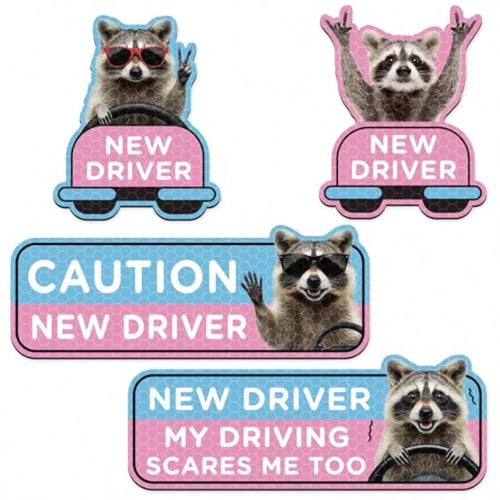 Student Driver Car Magnet- 4 Pcs Raccoon Please Be Patient Student New Novice Driver Car Automotive Magnet Decal Bumper Sticker Safety Warning Magnetic Signs Reflective Rookie Reusable Movable
