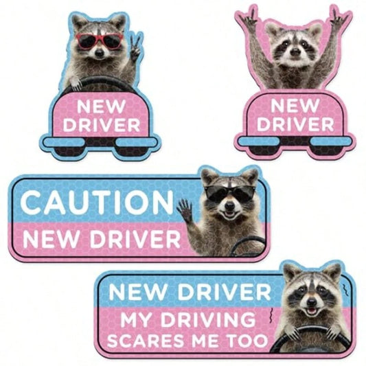 Student Driver Car Magnet- 4 Pcs Raccoon Please Be Patient Student New Novice Driver Car Automotive Magnet Decal Bumper Sticker Safety Warning Magnetic Signs Reflective Rookie Reusable Movable