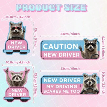 Student Driver Car Magnet- 4 Pcs Raccoon Please Be Patient Student New Novice Driver Car Automotive Magnet Decal Bumper Sticker Safety Warning Magnetic Signs Reflective Rookie Reusable Movable
