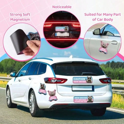Student Driver Car Magnet- 4 Pcs Raccoon Please Be Patient Student New Novice Driver Car Automotive Magnet Decal Bumper Sticker Safety Warning Magnetic Signs Reflective Rookie Reusable Movable