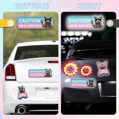 Student Driver Car Magnet- 4 Pcs Raccoon Please Be Patient Student New Novice Driver Car Automotive Magnet Decal Bumper Sticker Safety Warning Magnetic Signs Reflective Rookie Reusable Movable