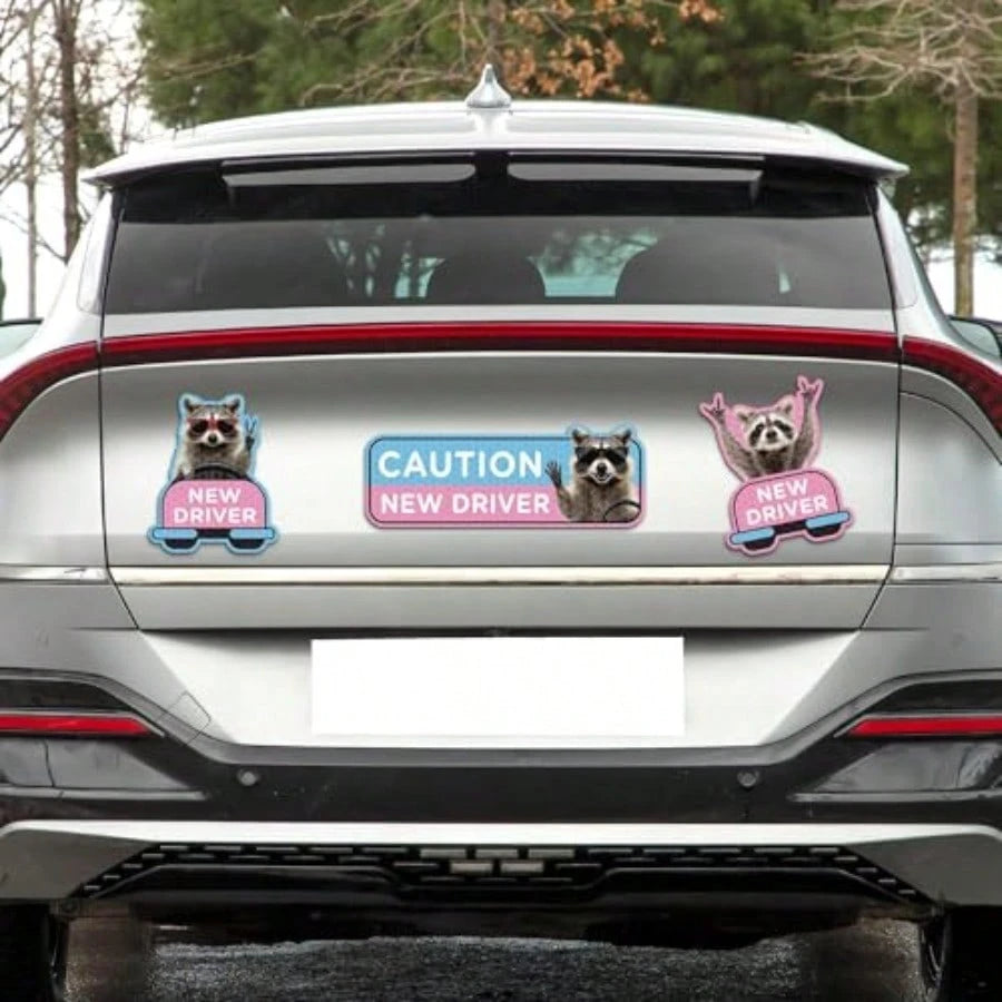 Student Driver Car Magnet- 4 Pcs Raccoon Please Be Patient Student New Novice Driver Car Automotive Magnet Decal Bumper Sticker Safety Warning Magnetic Signs Reflective Rookie Reusable Movable