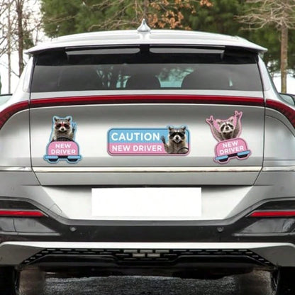 Student Driver Car Magnet- 4 Pcs Raccoon Please Be Patient Student New Novice Driver Car Automotive Magnet Decal Bumper Sticker Safety Warning Magnetic Signs Reflective Rookie Reusable Movable