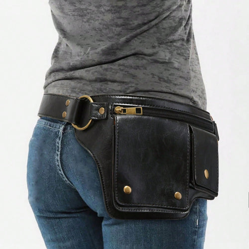 Style Waist Bag- Vintage Synthetic Leather Fanny Pack, Golden Studs & Buckles For Women, Perfect For Outdoor Sports, Travel, And Casual Wear