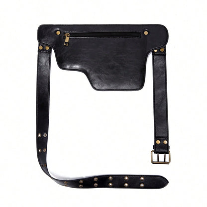 Style Waist Bag- Vintage Synthetic Leather Fanny Pack, Golden Studs & Buckles For Women, Perfect For Outdoor Sports, Travel, And Casual Wear