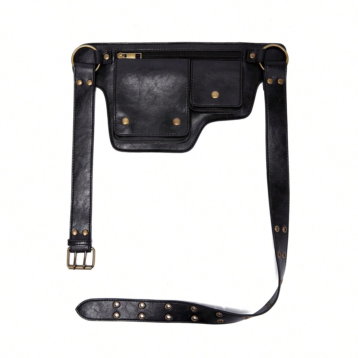 Style Waist Bag- Vintage Synthetic Leather Fanny Pack, Golden Studs & Buckles For Women, Perfect For Outdoor Sports, Travel, And Casual Wear