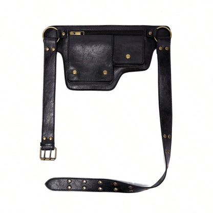 Style Waist Bag- Vintage Synthetic Leather Fanny Pack, Golden Studs & Buckles For Women, Perfect For Outdoor Sports, Travel, And Casual Wear