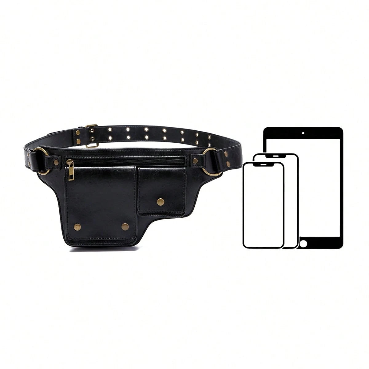 Style Waist Bag- Vintage Synthetic Leather Fanny Pack, Golden Studs & Buckles For Women, Perfect For Outdoor Sports, Travel, And Casual Wear