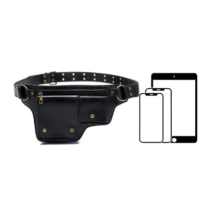 Style Waist Bag- Vintage Synthetic Leather Fanny Pack, Golden Studs & Buckles For Women, Perfect For Outdoor Sports, Travel, And Casual Wear