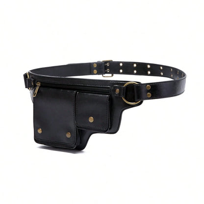 Style Waist Bag- Vintage Synthetic Leather Fanny Pack, Golden Studs & Buckles For Women, Perfect For Outdoor Sports, Travel, And Casual Wear