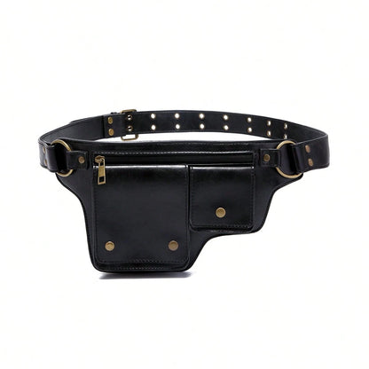 Style Waist Bag- Vintage Synthetic Leather Fanny Pack, Golden Studs & Buckles For Women, Perfect For Outdoor Sports, Travel, And Casual Wear