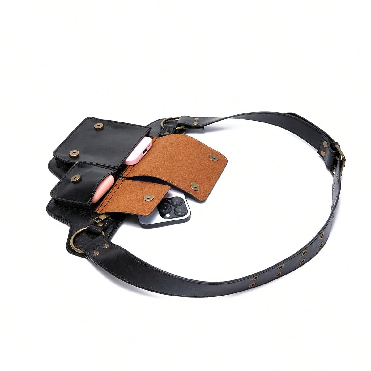 Style Waist Bag- Vintage Synthetic Leather Fanny Pack, Golden Studs & Buckles For Women, Perfect For Outdoor Sports, Travel, And Casual Wear