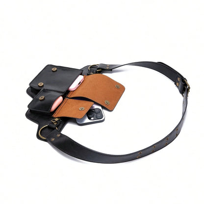 Style Waist Bag- Vintage Synthetic Leather Fanny Pack, Golden Studs & Buckles For Women, Perfect For Outdoor Sports, Travel, And Casual Wear