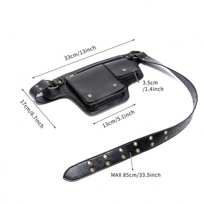 Style Waist Bag- Vintage Synthetic Leather Fanny Pack, Golden Studs & Buckles For Women, Perfect For Outdoor Sports, Travel, And Casual Wear