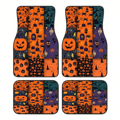 Suitable For All Models, 4-Piece Halloween Pumpkin Car Floor Mats, All-Season Vehicle Floor Mats With Non-Slip Base, Front And Rear Seat Mats, Easy-To-Clean Car Interior Accessories.